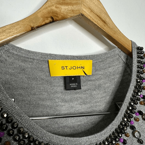 ST. JOHN wool silk knit beaded short sleeve silver gray embellished womens XS - Picture 6 of 10